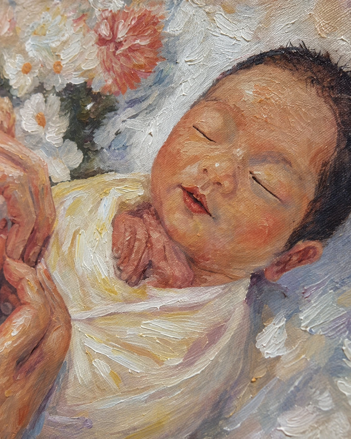 A Beginning Held by Hands — A sleeping expression, artwork detail
