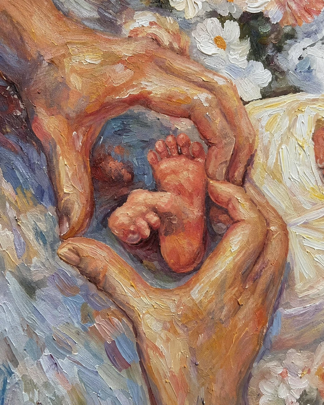 A Beginning Held by Hands — Tiny feet held by hands, artwork detail