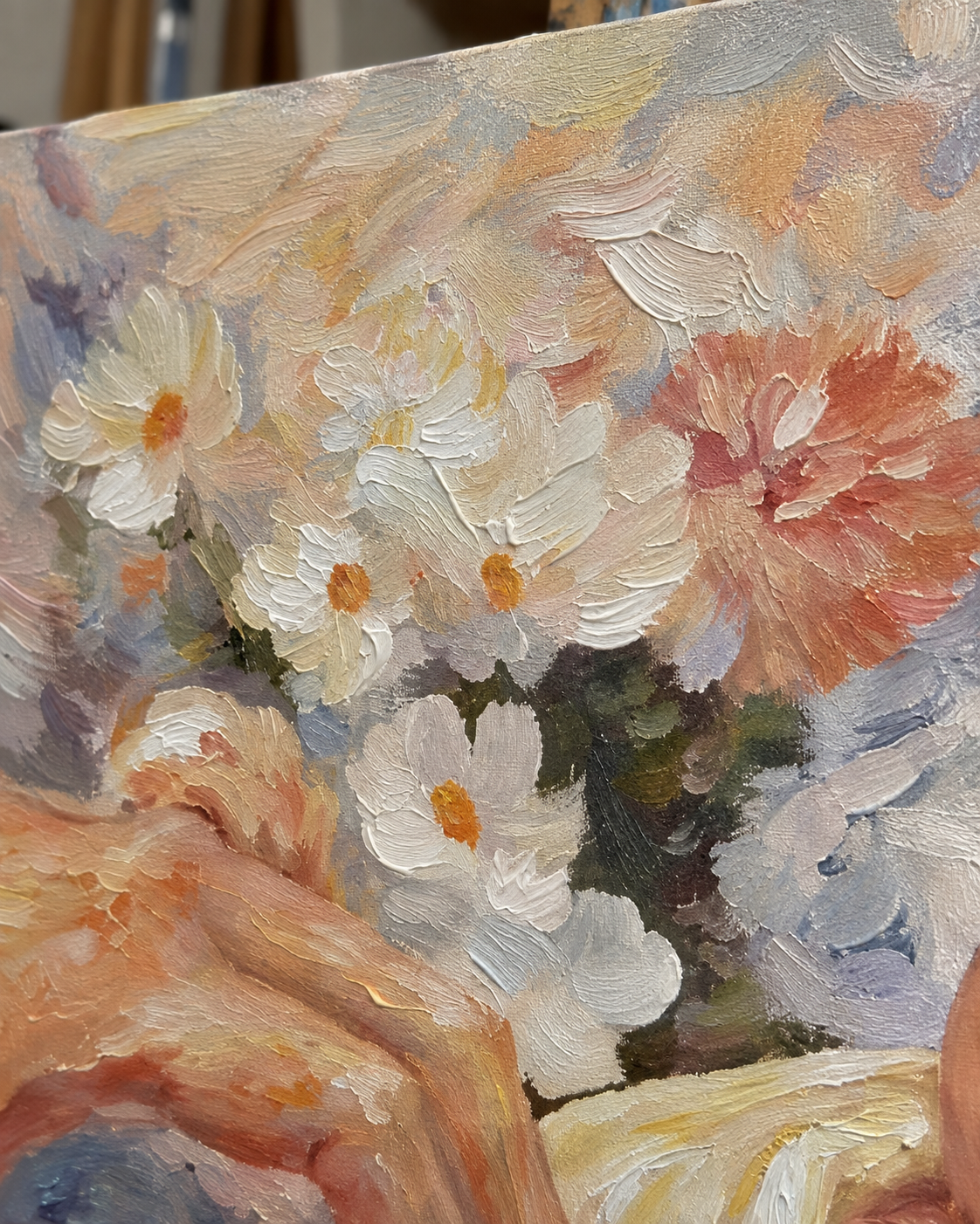 A Beginning Held by Hands — Flowers and soft white strokes, artwork detail