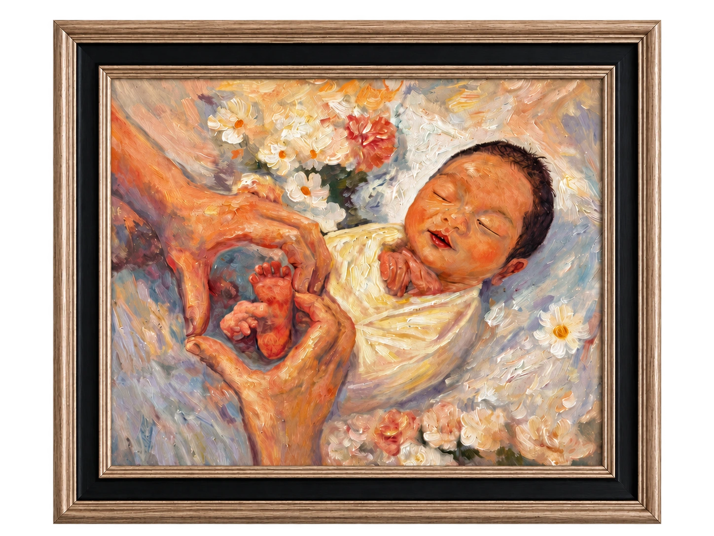 A Beginning Held by Hands: Soft fabric, warm brushwork and caring hands surround the newborn's expression, preserving an intimate closeness.