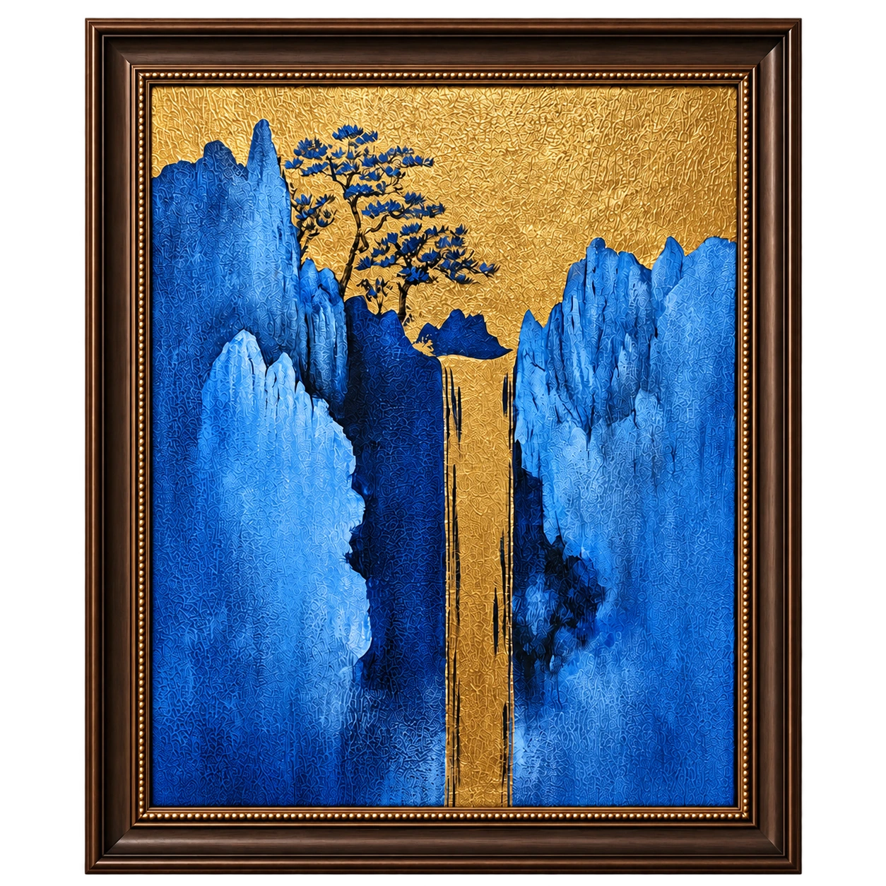 Where the Mountain Keeps the Light: Mountains in light and deep blue meet a golden background. A vertical composition rises into a natural image for quiet contemplation.