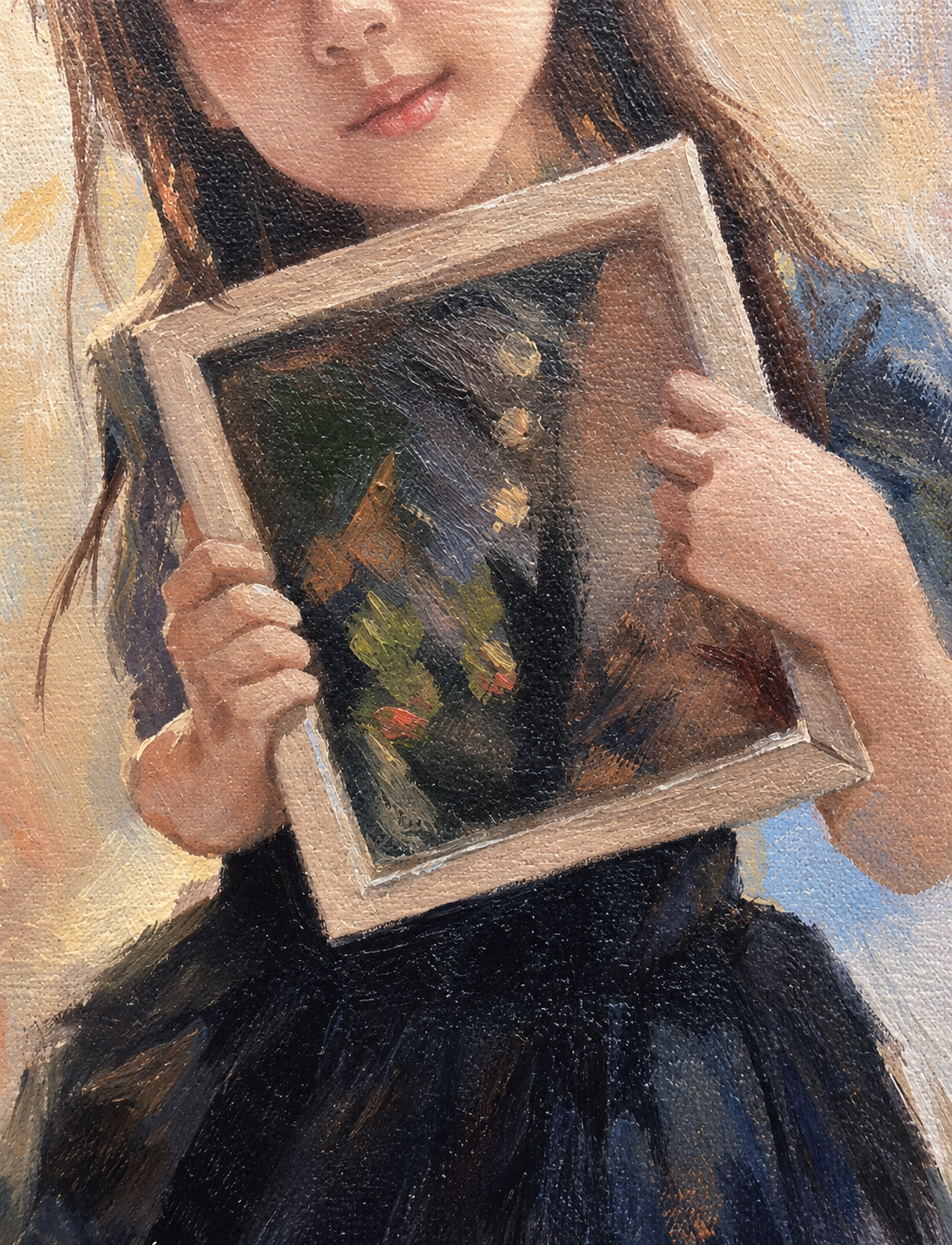 A Small Frame of Forever — A small frame held in her hands, artwork detail