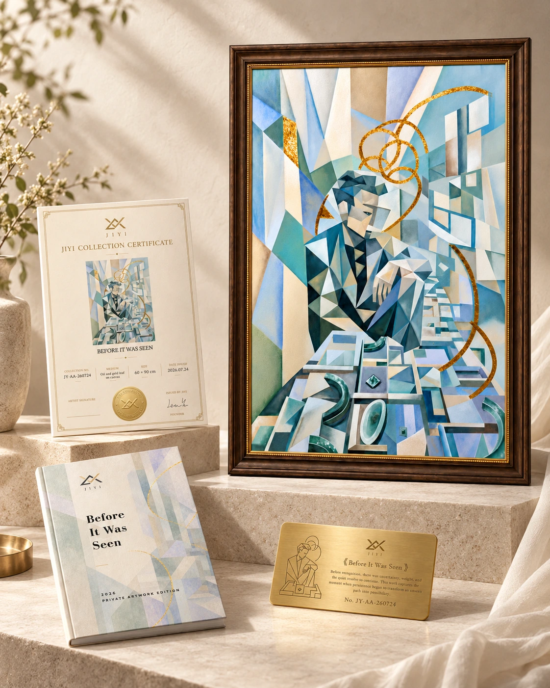 Complete presentation of Before It Was Seen: framed painting, collection certificate, personal artwork book and brass plaque.