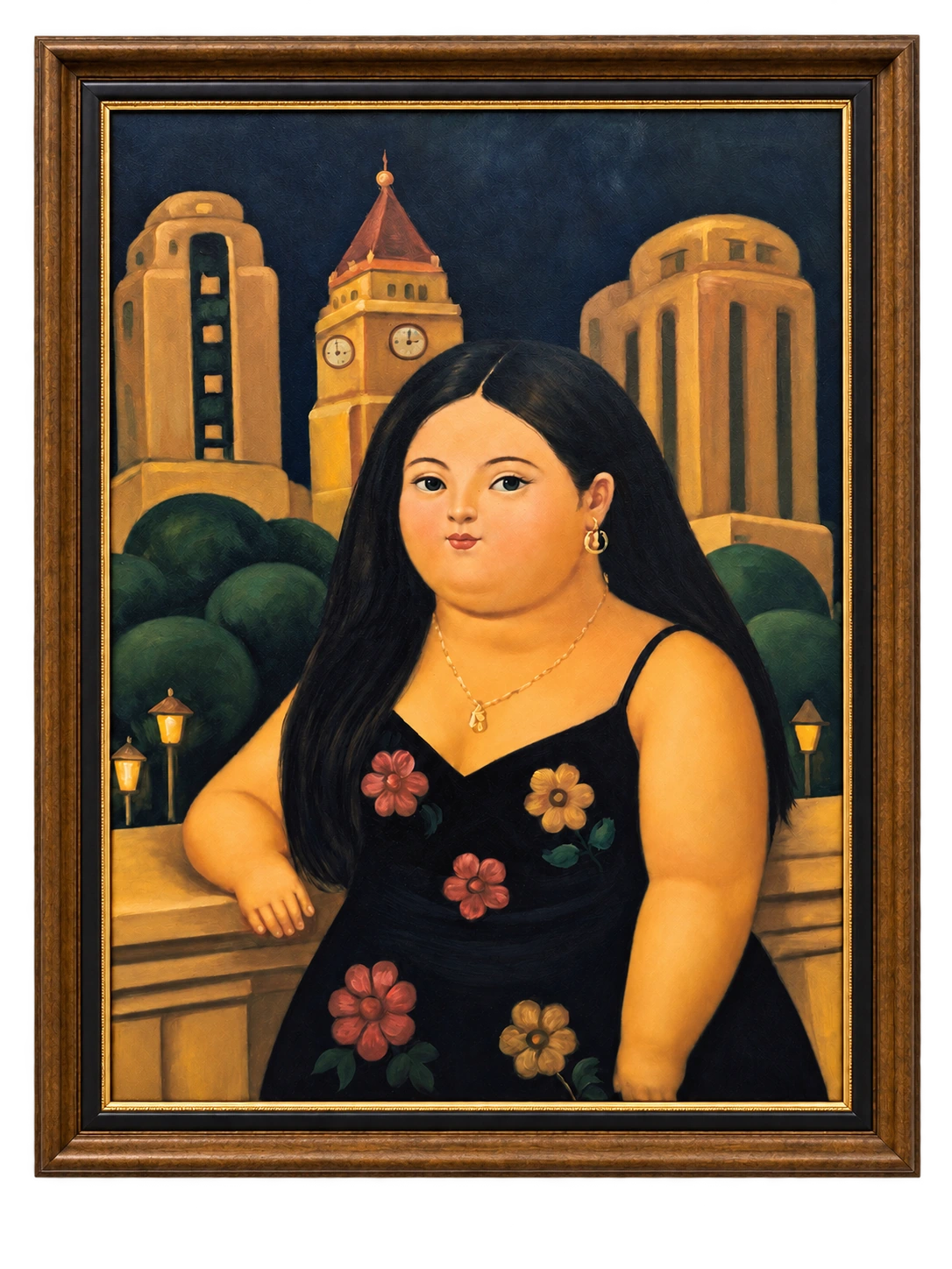 The Fullness of the Moment: Long hair, a floral dress and clock tower preserve recognisable connections. Rounded volume and simplified architecture give the golden night scene an unhurried rhythm.
