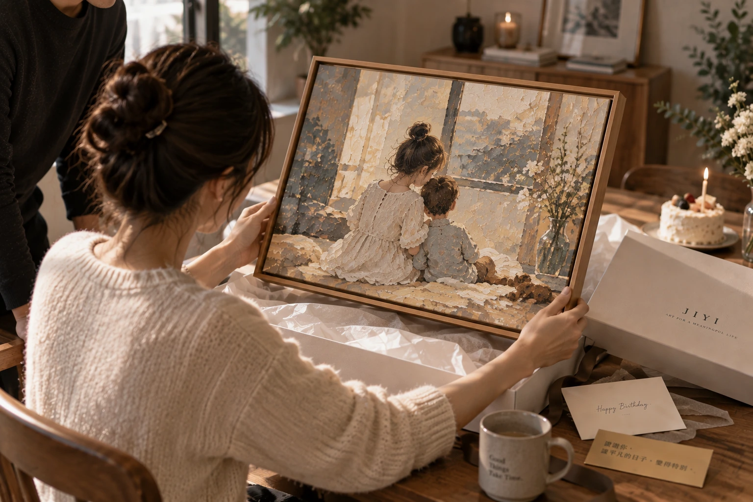 The recipient unwraps the gift and sees the painting for the first time