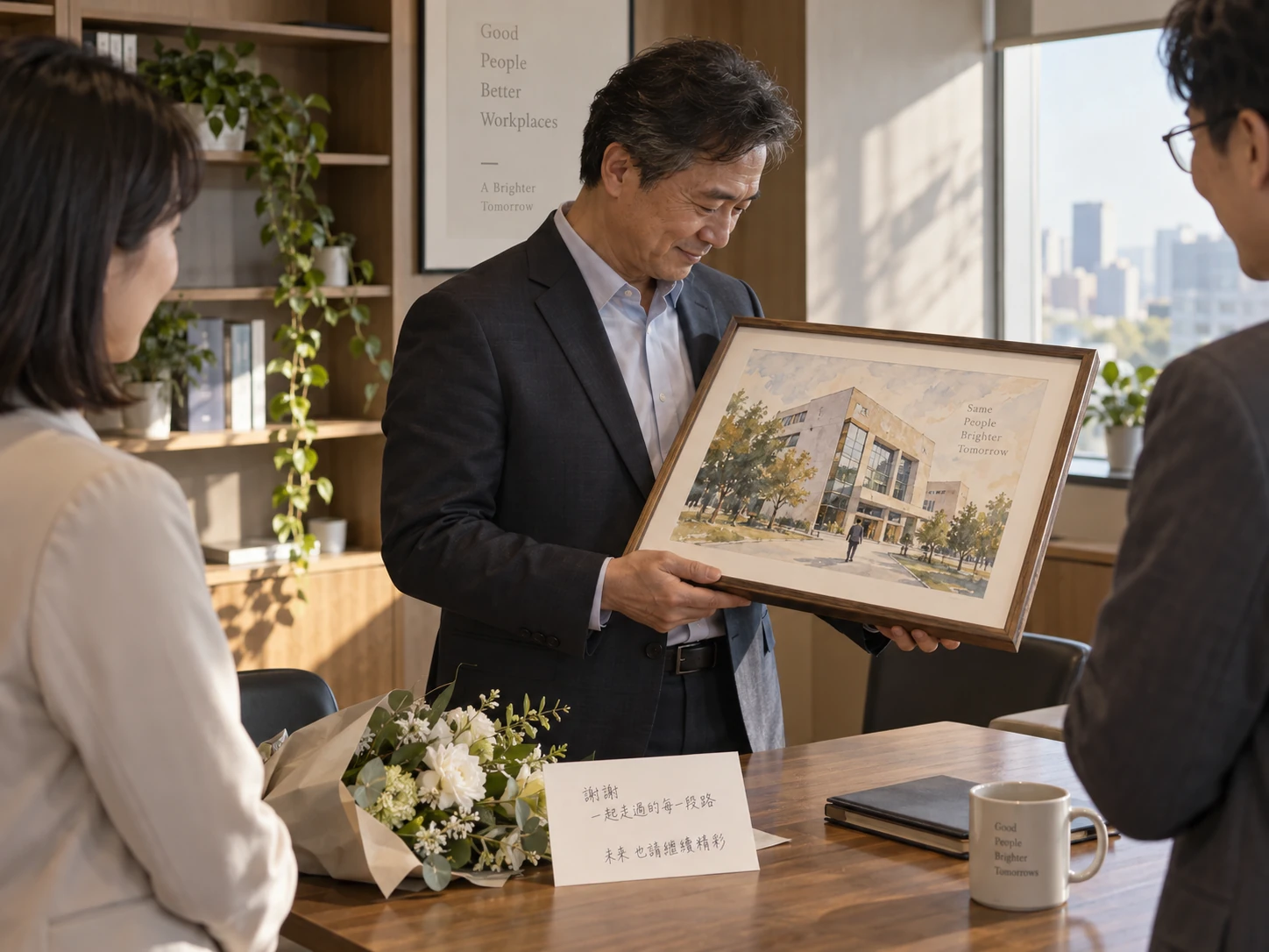 同事在溫暖辦公室送上描繪工作場所的紀念作品，向收禮者表達祝賀與感謝