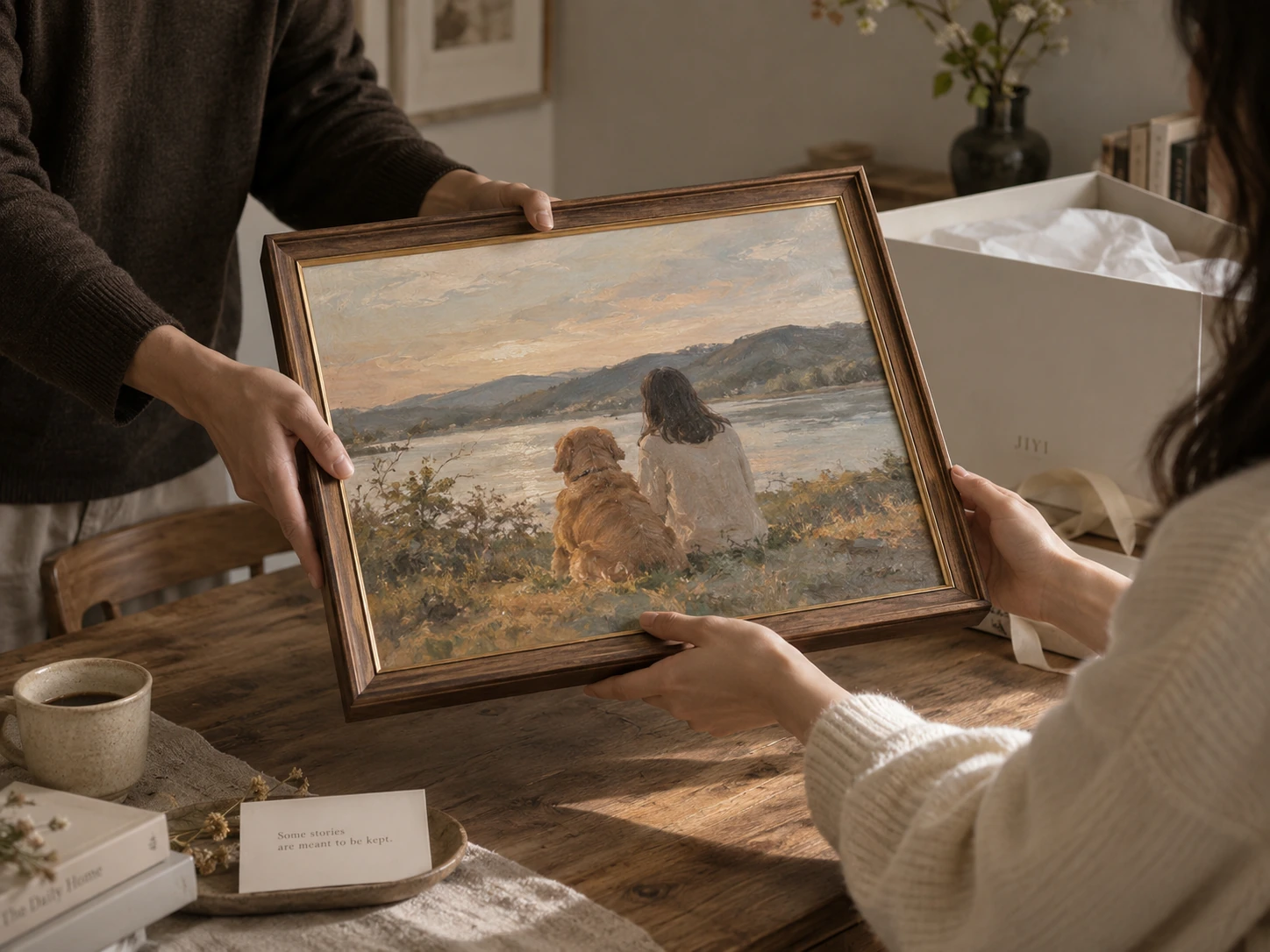Two people pass a painting with a personal story from one pair of hands to another