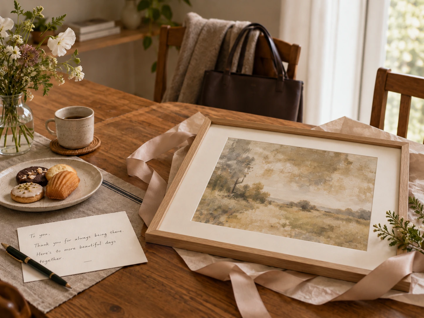 A painting and card rest on a table prepared for a celebration