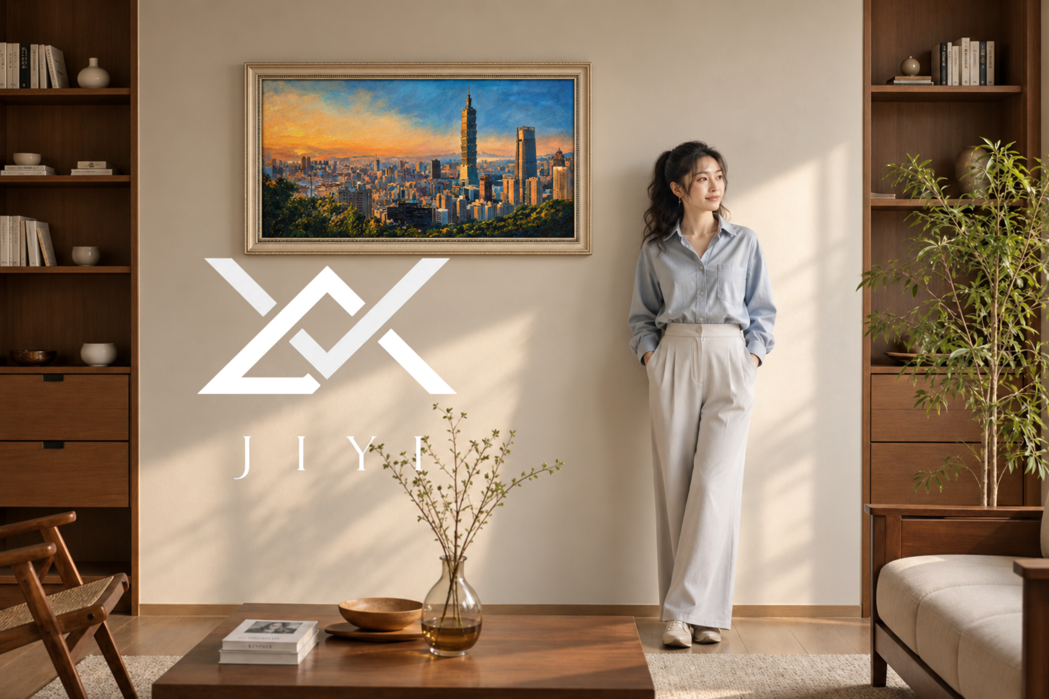 A woman stands beside a framed Taipei city painting in a warm interior, with a white JIYI logo on the left.