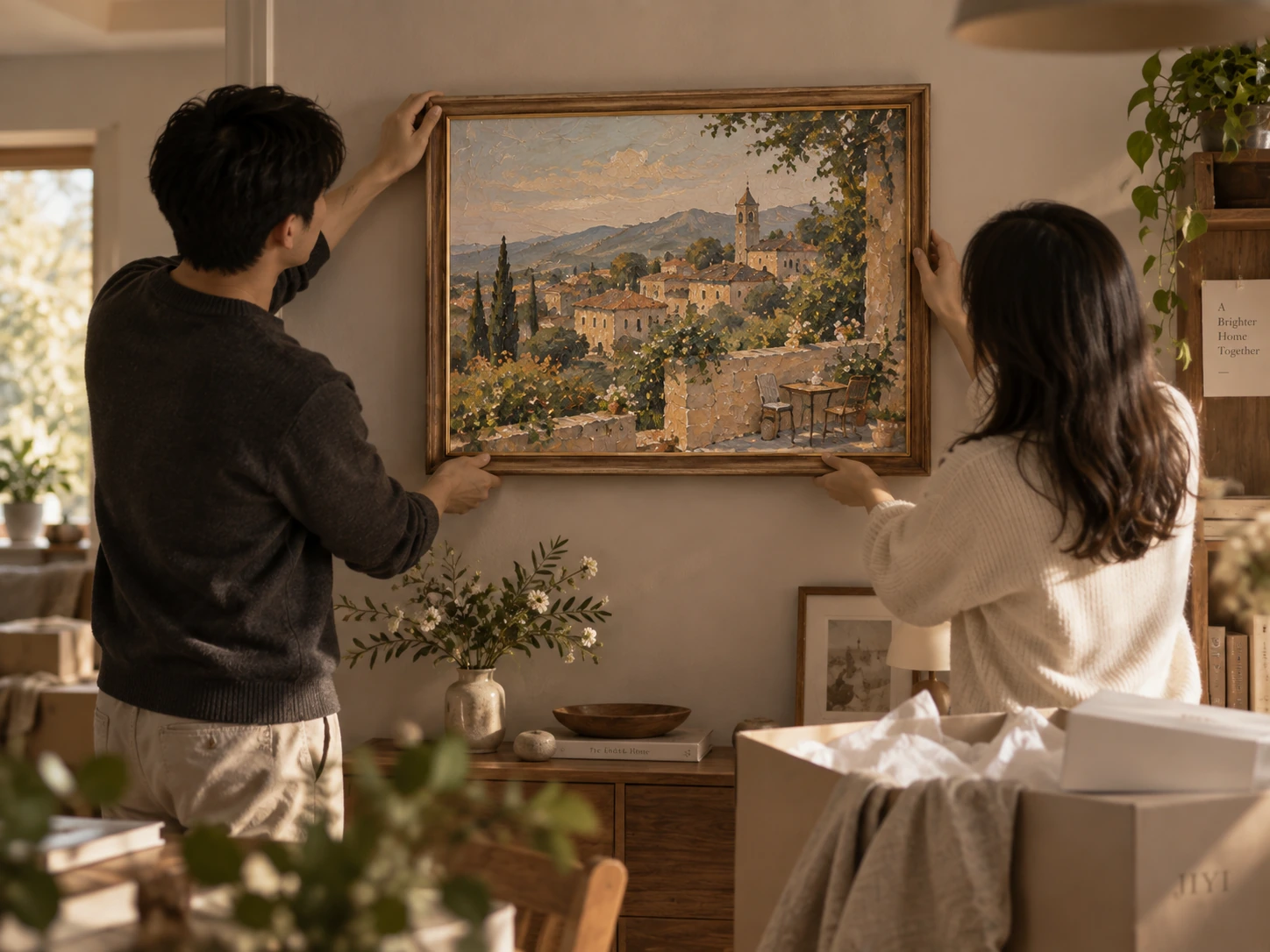Two people hang a painting together in their new home