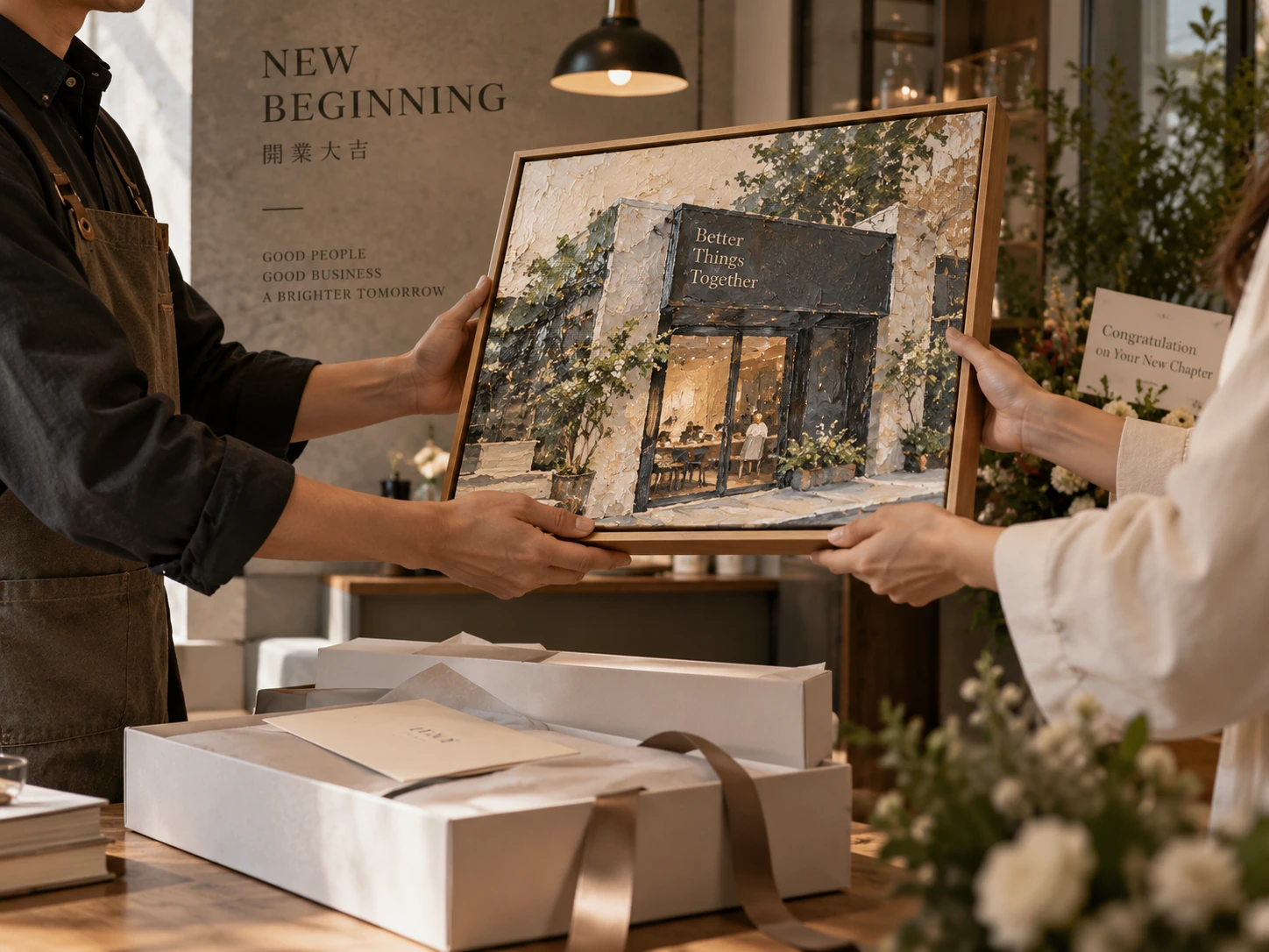 A shop owner receives a commissioned painting of the storefront