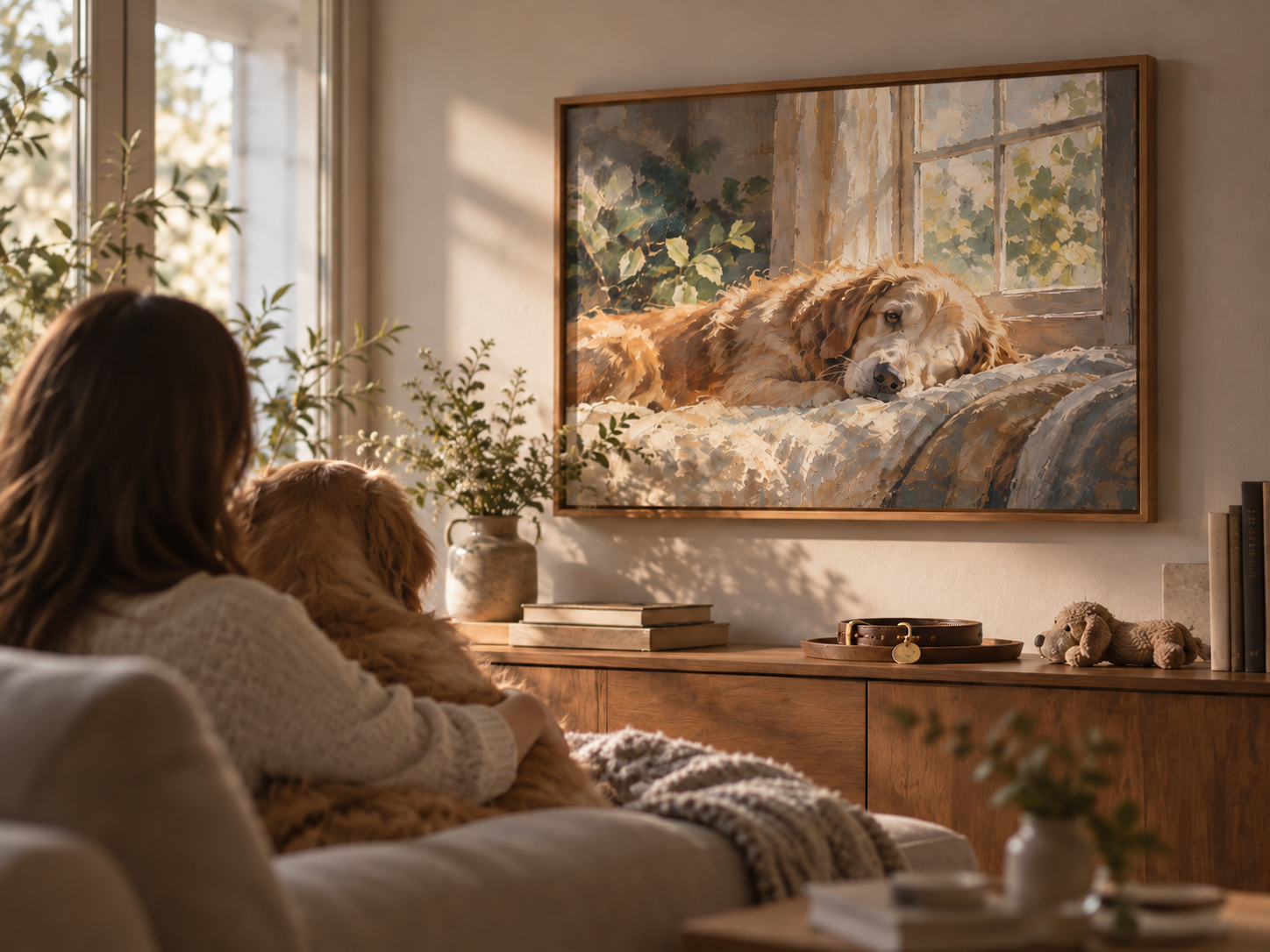 A woman holds her dog while looking at its oil-painted portrait in a sunlit living room.