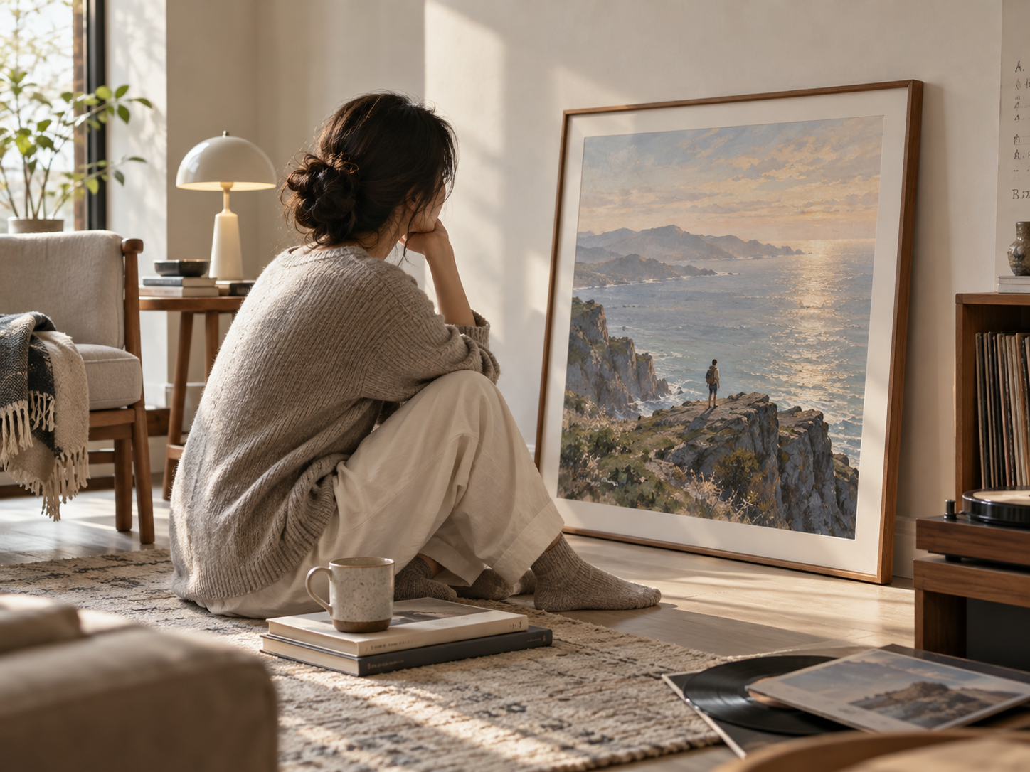 A woman sits in a sunlit corner at home, quietly looking at a seascape painting leaning against the wall.