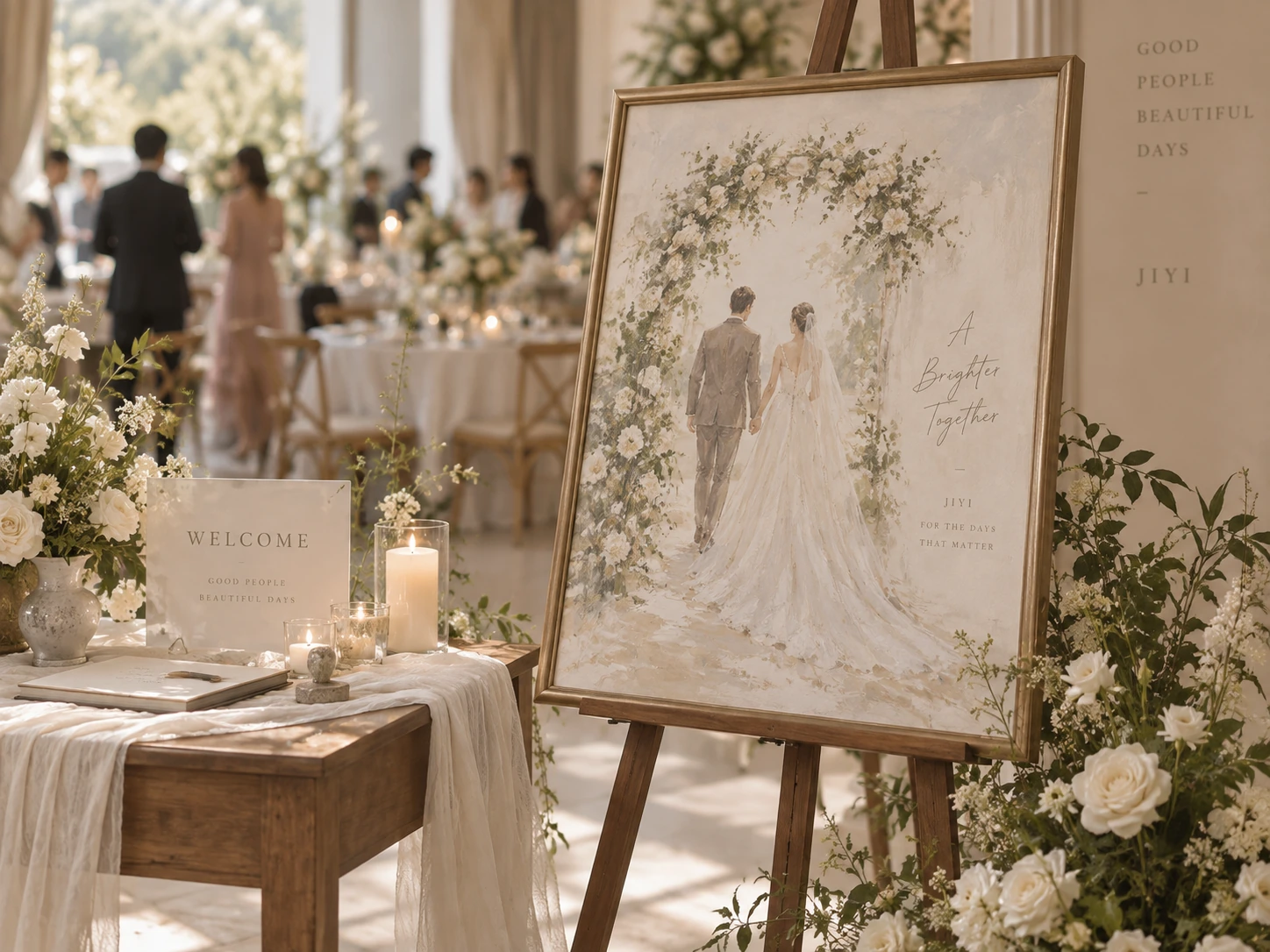 A commissioned painting forms part of a wedding welcome display