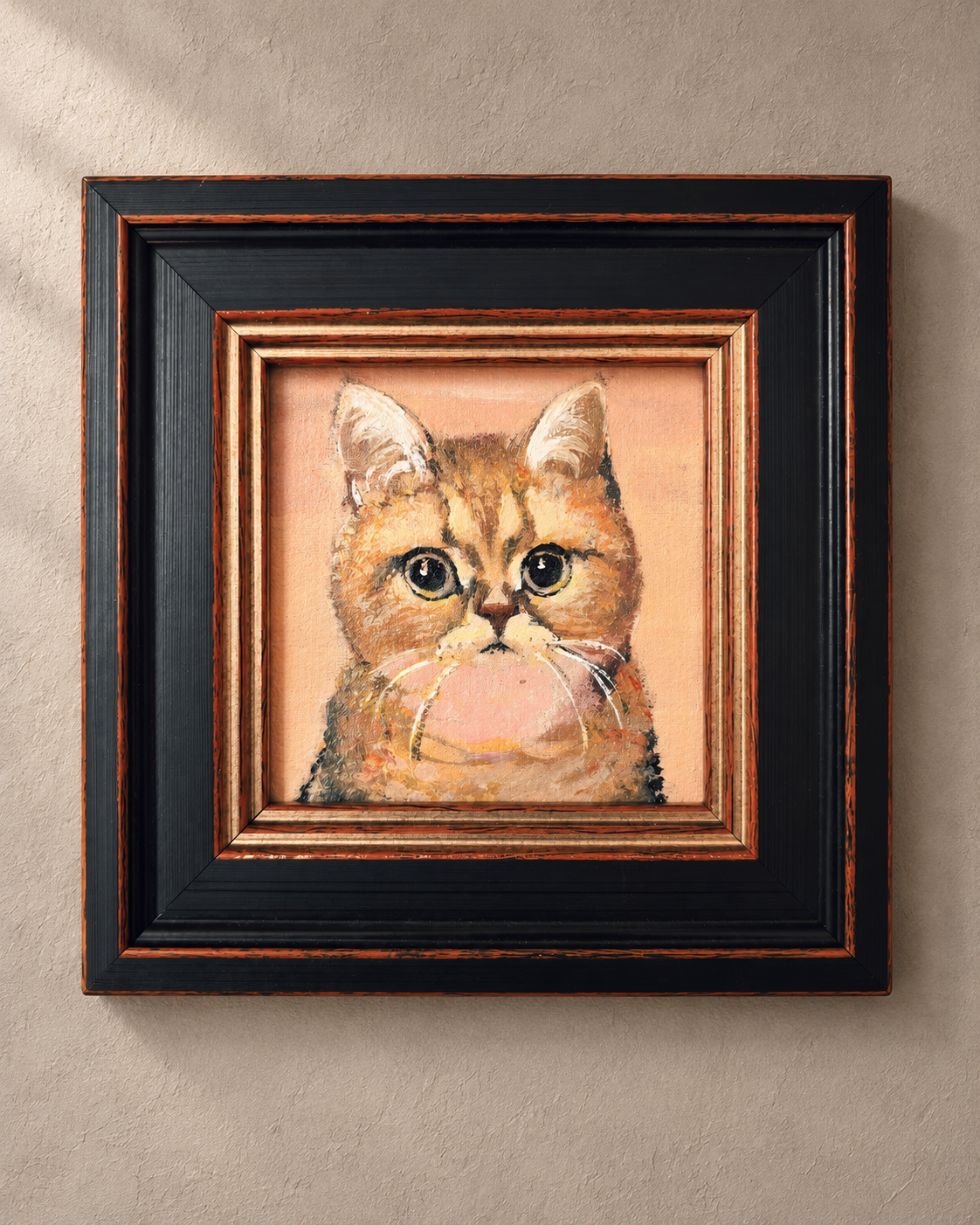 Illustration of the ginger cat portrait in a black and copper frame under warm light.