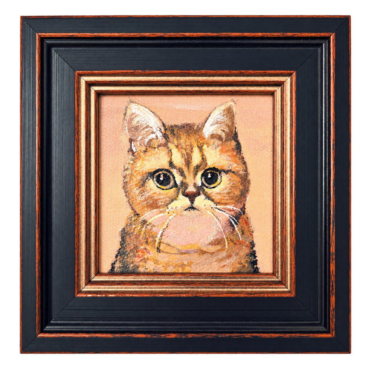 An orange cat portrait in a black and copper frame, on a transparent background.