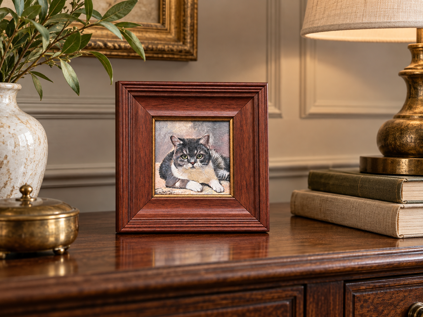 A grey and white cat portrait in a reddish-brown wood-grain frame sits on a wooden table with a vase, books and a warm table lamp in a room illustration.