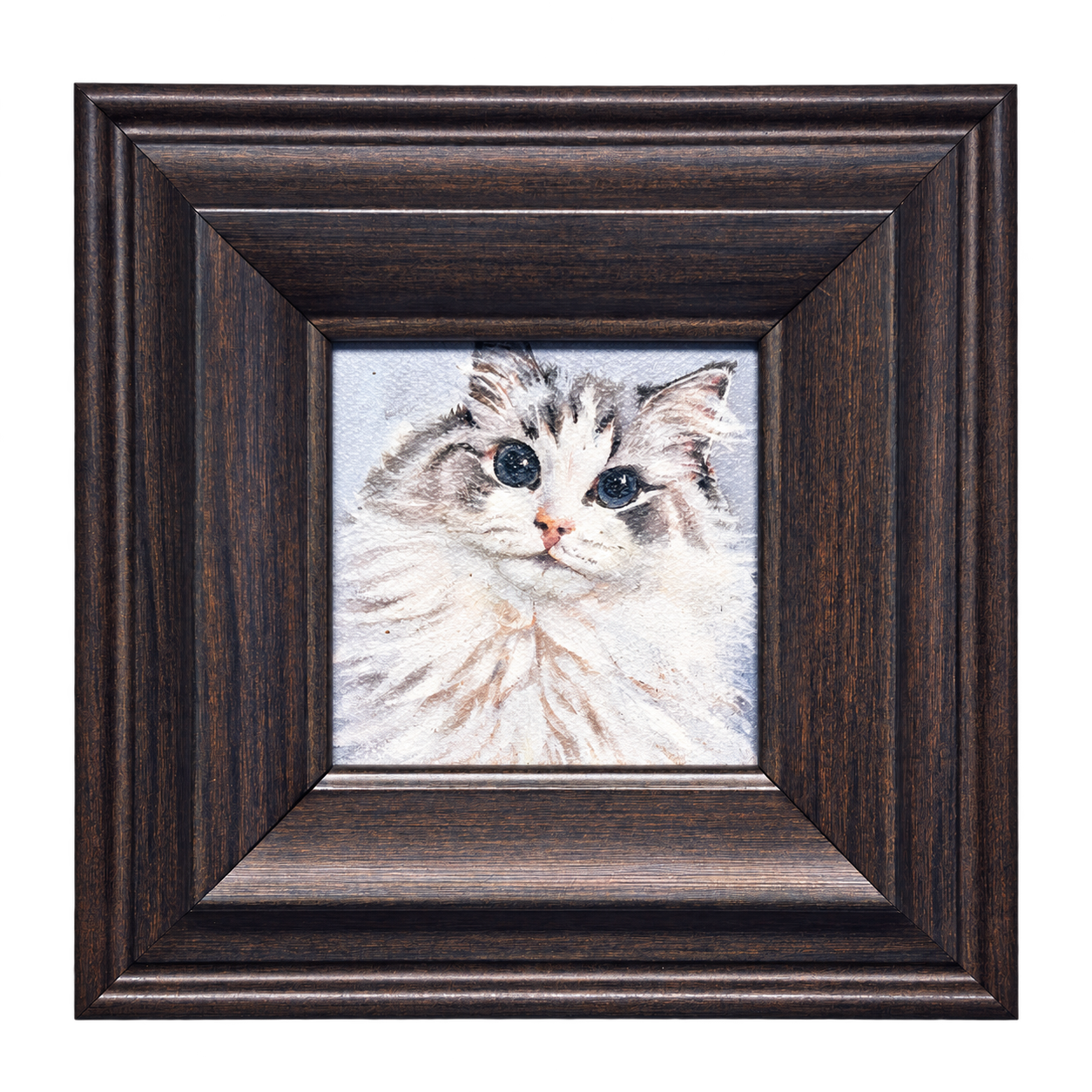 A longhaired cat portrait in a dark brown wood-grain frame, on a transparent background.