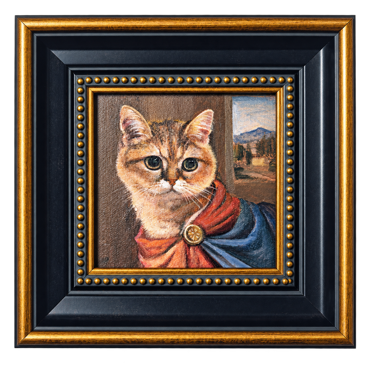 An orange cat portrait in a classical painting style, in a black and gold frame with a transparent background.
