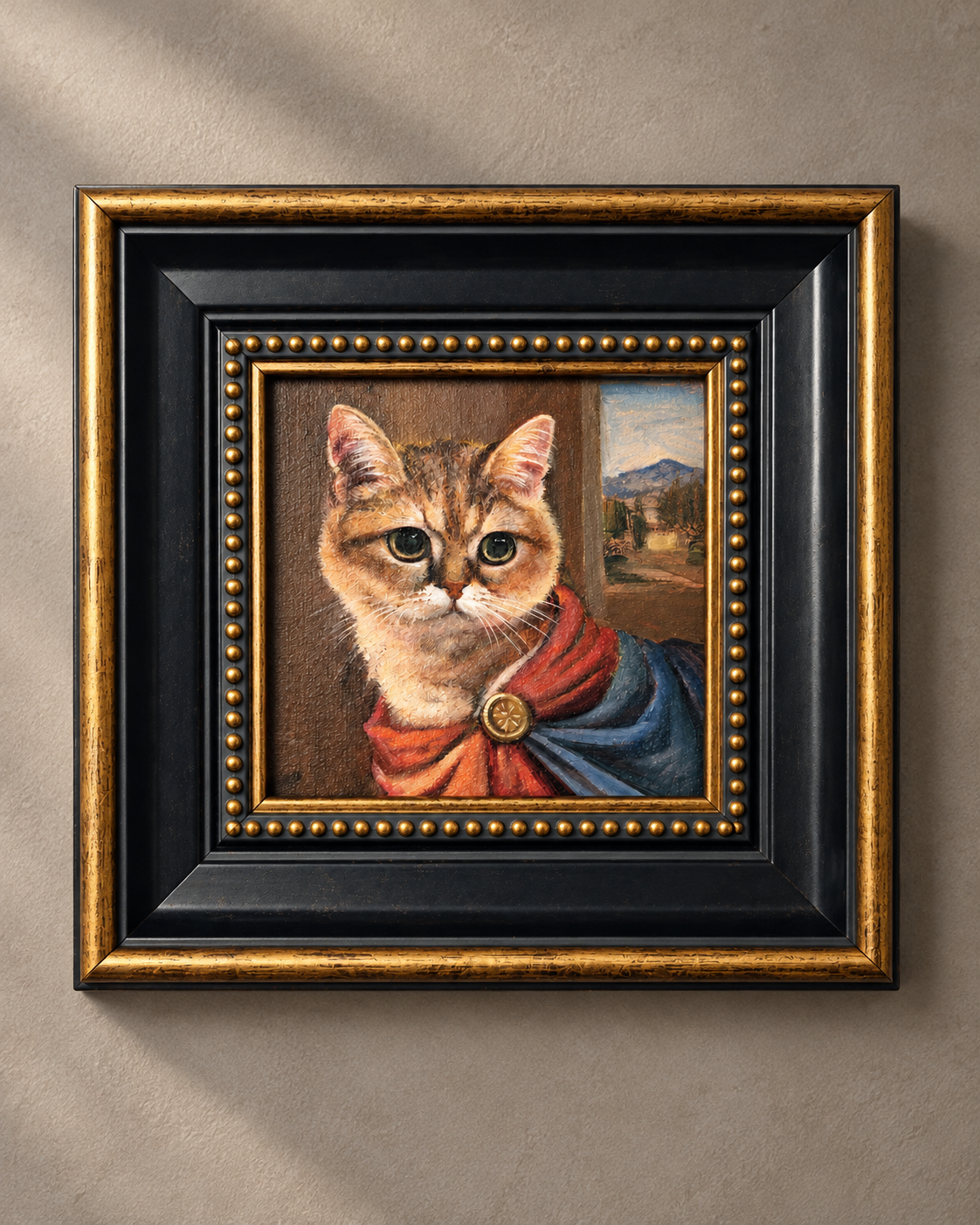 Display illustration of the cat portrait in a classical painting style, in a black and gold-coloured frame hanging on a light-coloured wall.