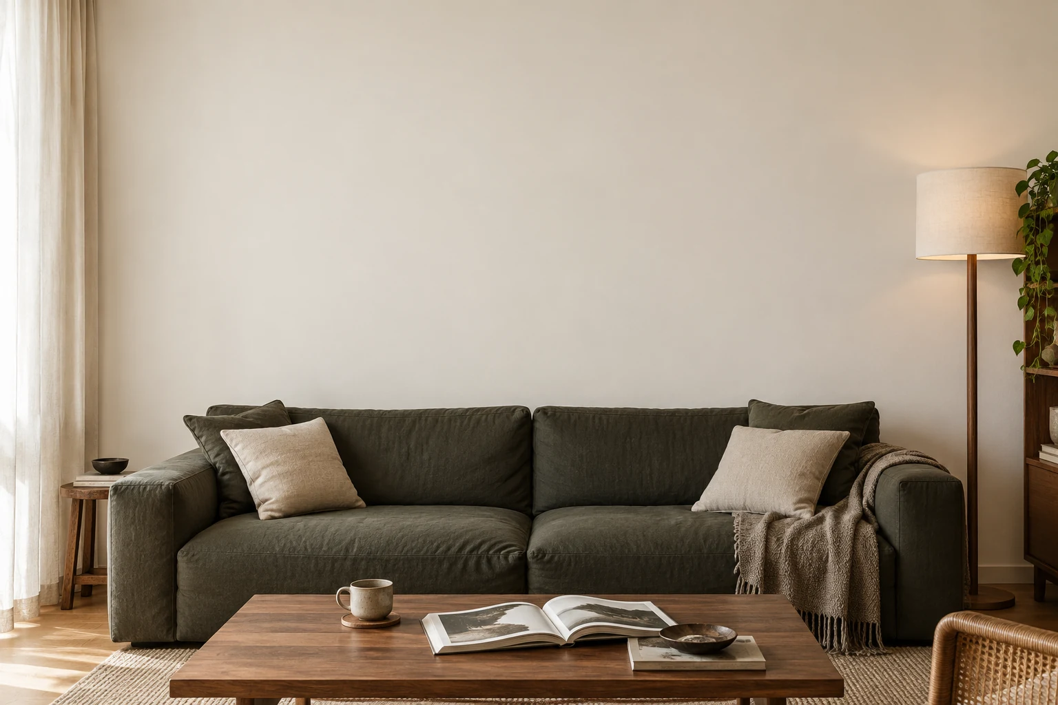 A living room with a dark sofa and warm white walls