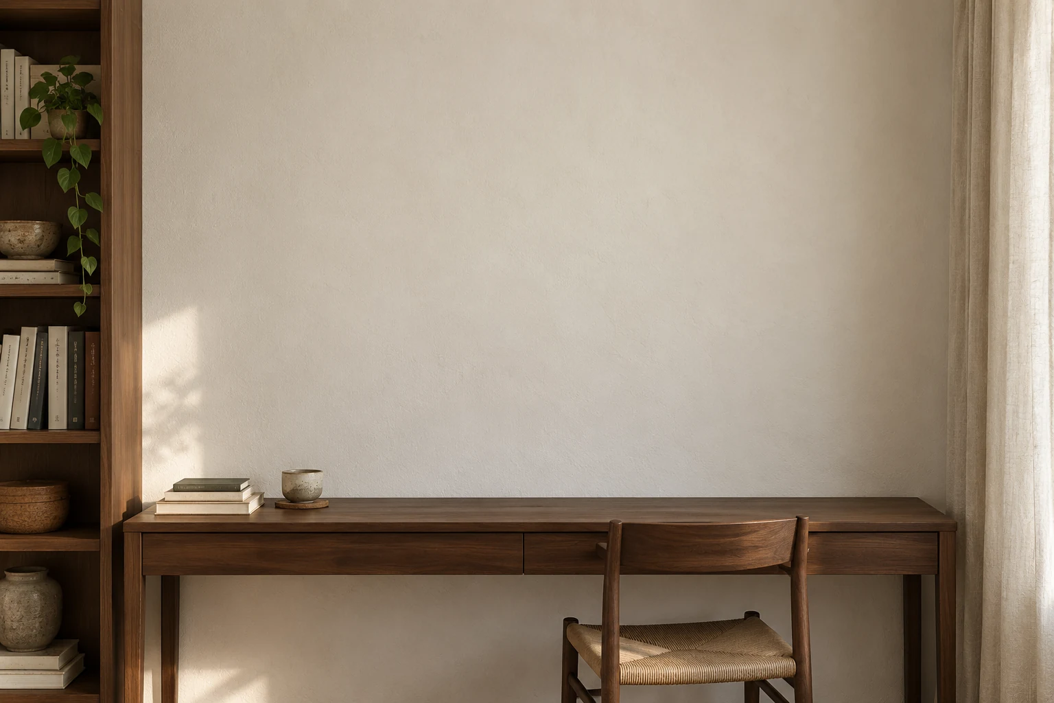 An everyday corner with a wooden table, ceramic cup and chair