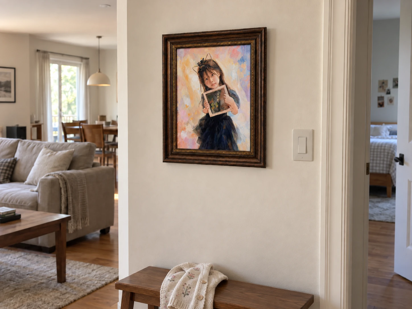 A Small Frame of Forever on a home entryway wall, with a wooden bench and a view of the living room; space illustration.