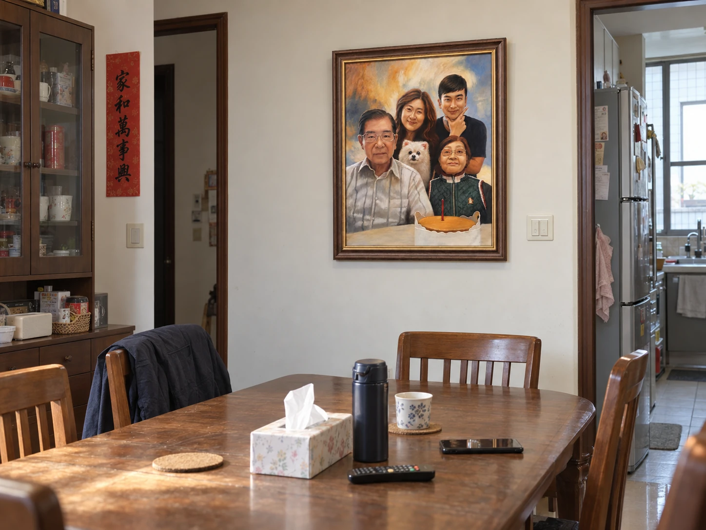 Where Love Still Gathers beside a family dining table, with wooden chairs and everyday tableware; space illustration.