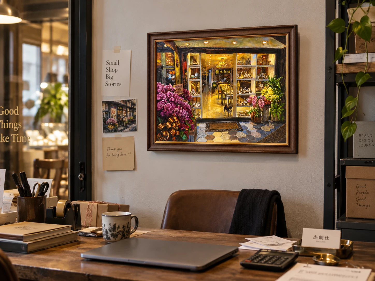 Where the First Light Stayed on the wall of a small shop workspace, with a desk, an entrance and everyday work objects; space illustration.