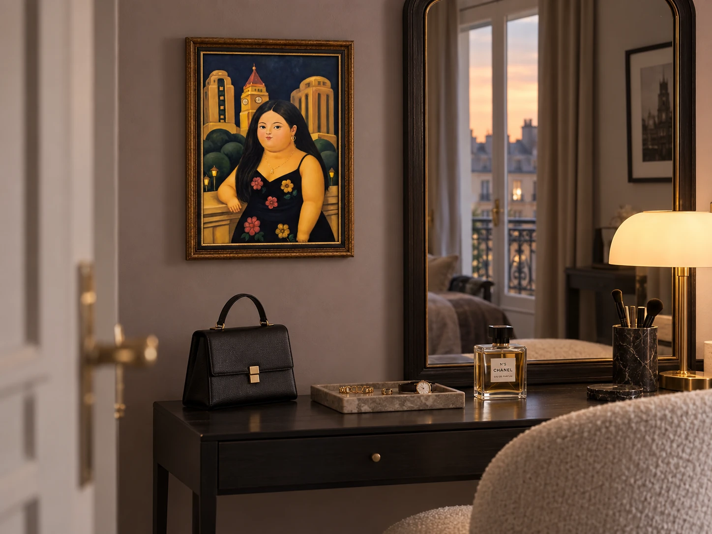 The Fullness of the Moment beside a dressing table, with a mirror, warm lighting and everyday objects; space illustration.