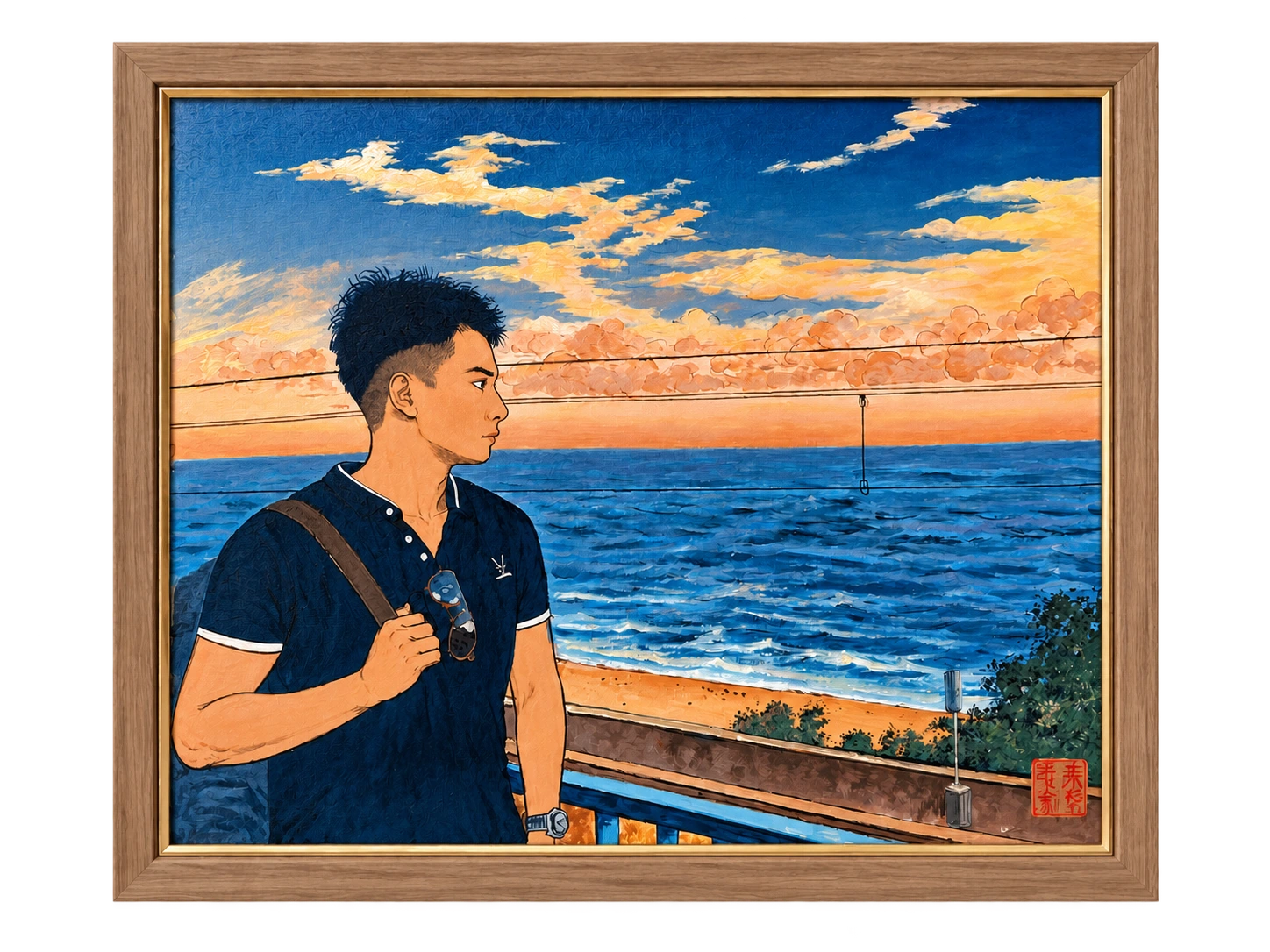 Between the Tide and the Next Station: A figure stands before the coast; blue water, clouds and warm light form a flattened rhythm. The style changes how the image is read.