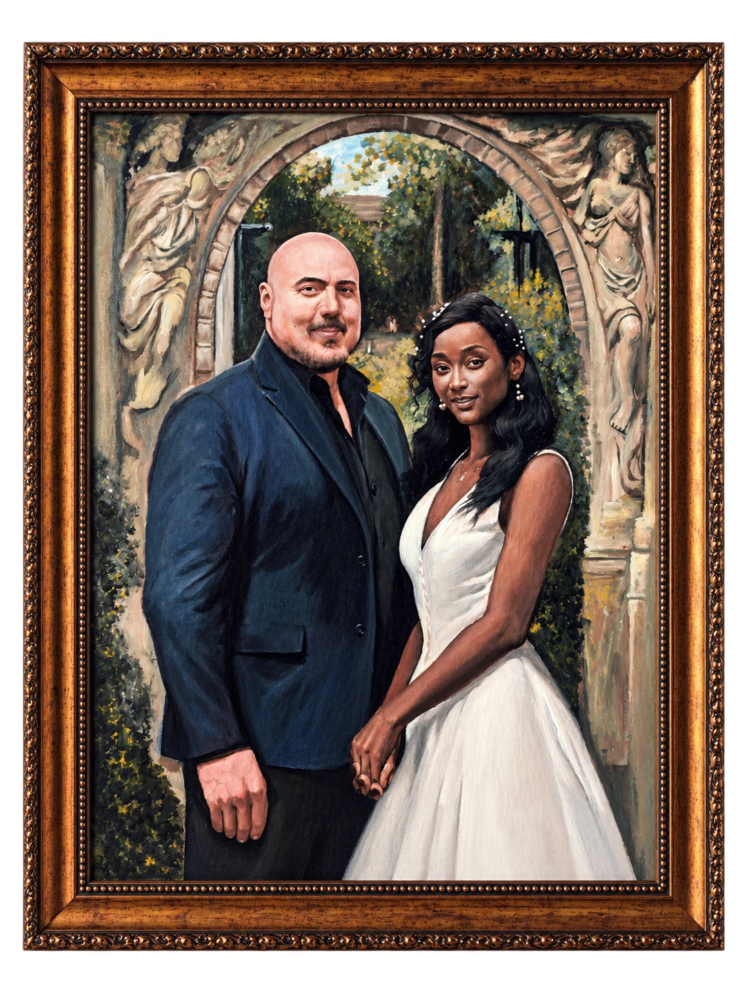 Where Forever Began: A deep blue jacket and white dress form a clear contrast, centring expressions and joined hands. The arch, sculpture and greenery surround them; warm brushwork reorganises the architecture and keeps the place within the memory.